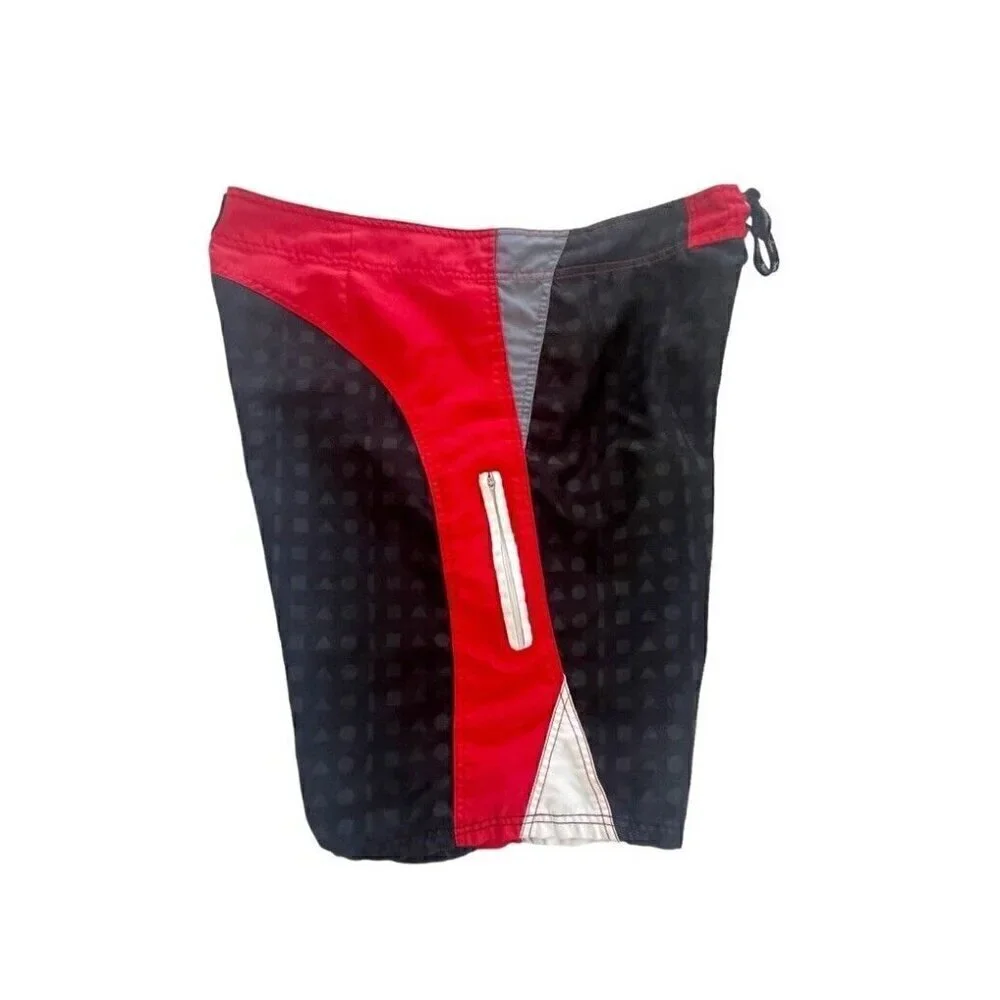 Maui And Sons Men's Sz 38 Black Red White Board Shorts Boardshorts Geo Print